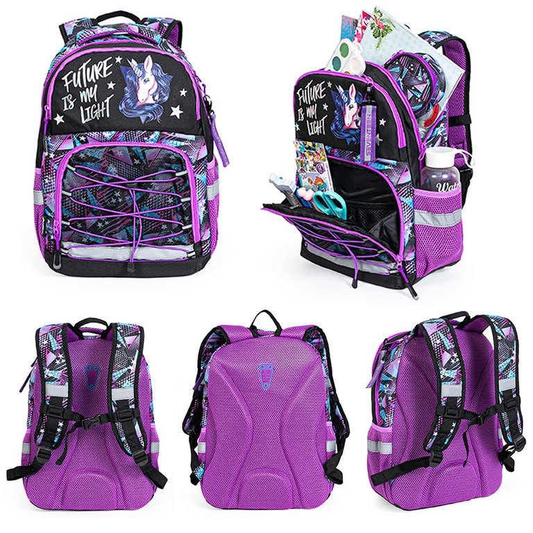 Рюкзак школьный для девочки Seventeen "Черный единорог" 41x30x18 см.