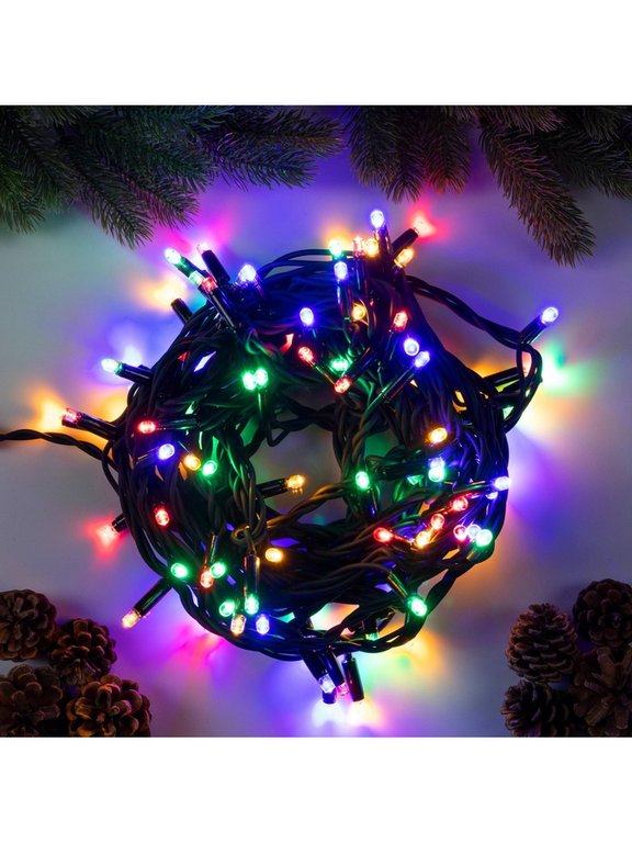 Гирлянда уличная 10м, 100 цв. ламп, темный провод, 1 реж. (IP65, от -40 до +40°С) монтаж до -10°С)