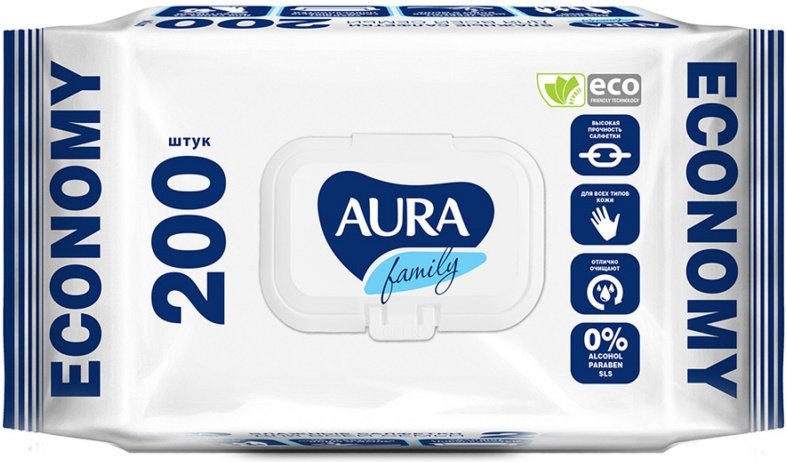 Салфетки влажные 200 шт/уп Aura "Для всей семьи" с крышкой
