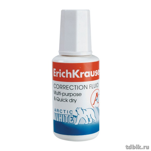 Коррект. жидкость Erich Krause Arctic white (20 мл) с кисточкой, быстросохнущая (мет.шарик)
