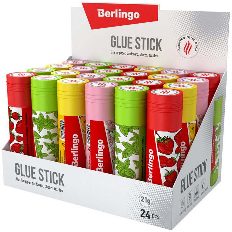 Клей карандаш Berlingo "Aroma", 21г, ароматизированный (мята, лимон, клубника, роза)