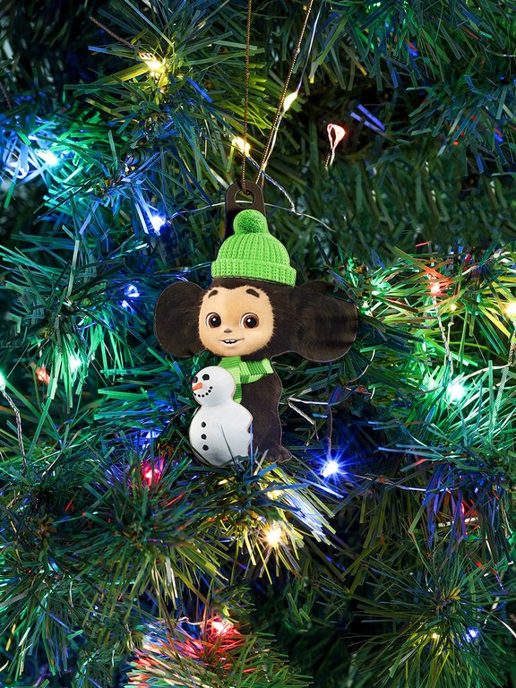 Украшение елочное из дерева "Чебурашка и снеговик" 9,3*13 см