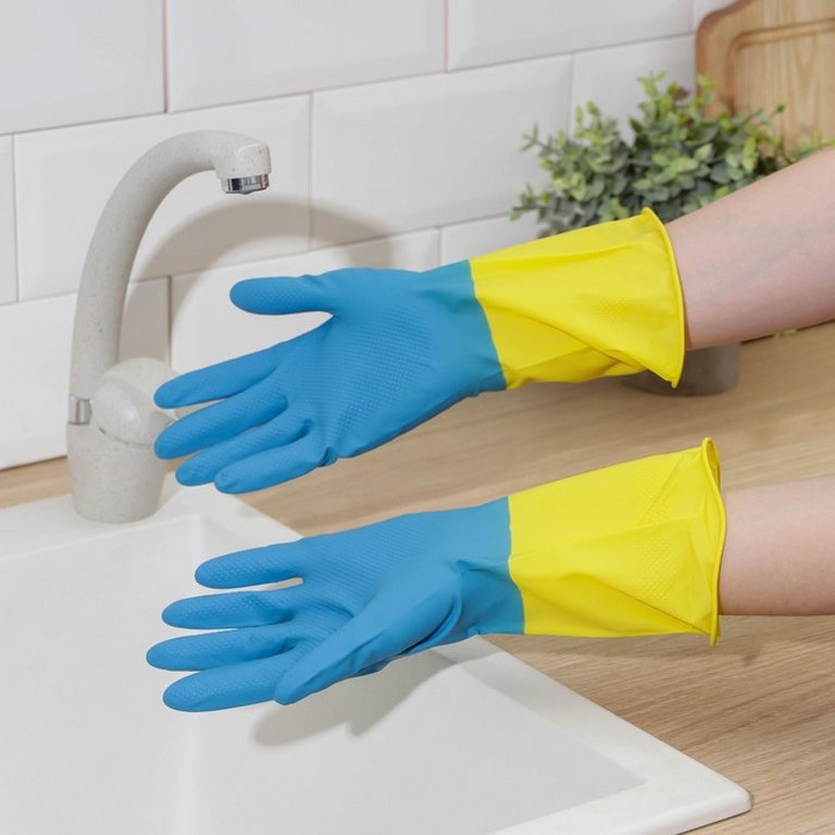 Перчатки латексные без х/б напыления, Komfi, размер S, синий+желтый, 47 гр. (в инд. упак.)