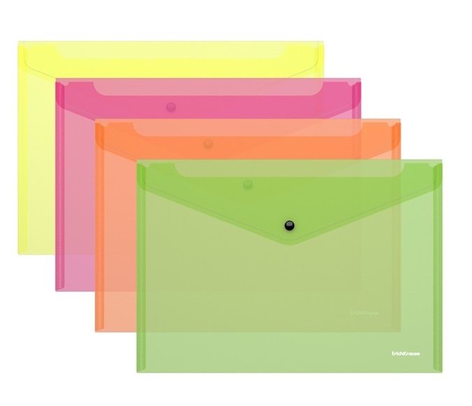 Папка-конверт на кнопке С6 (203х129мм,) пластик 0.18мм ErichKrause Glossy Neon цв.ассорти