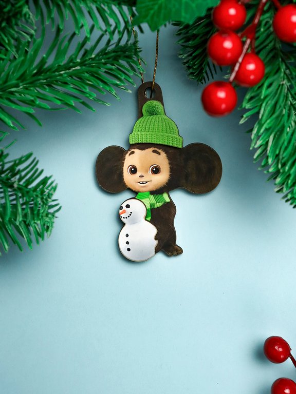 Украшение елочное из дерева "Чебурашка и снеговик" 9,3*13 см