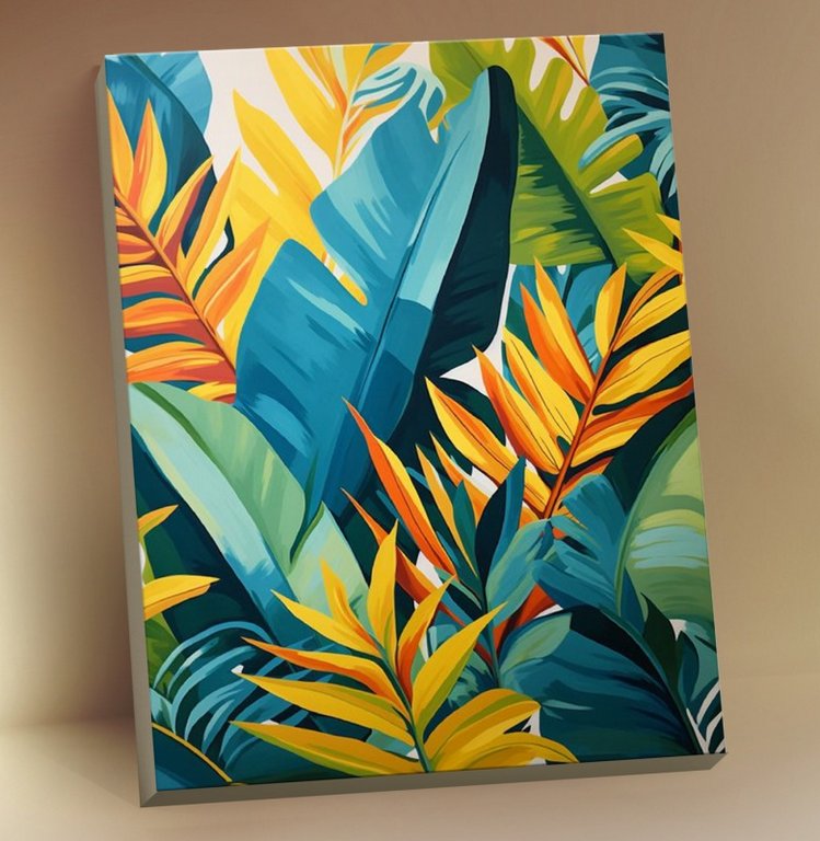 Роспись по номерам (холст) 15*20см с поталью "Тропические листья" (основа, акрил. краски, кисти)