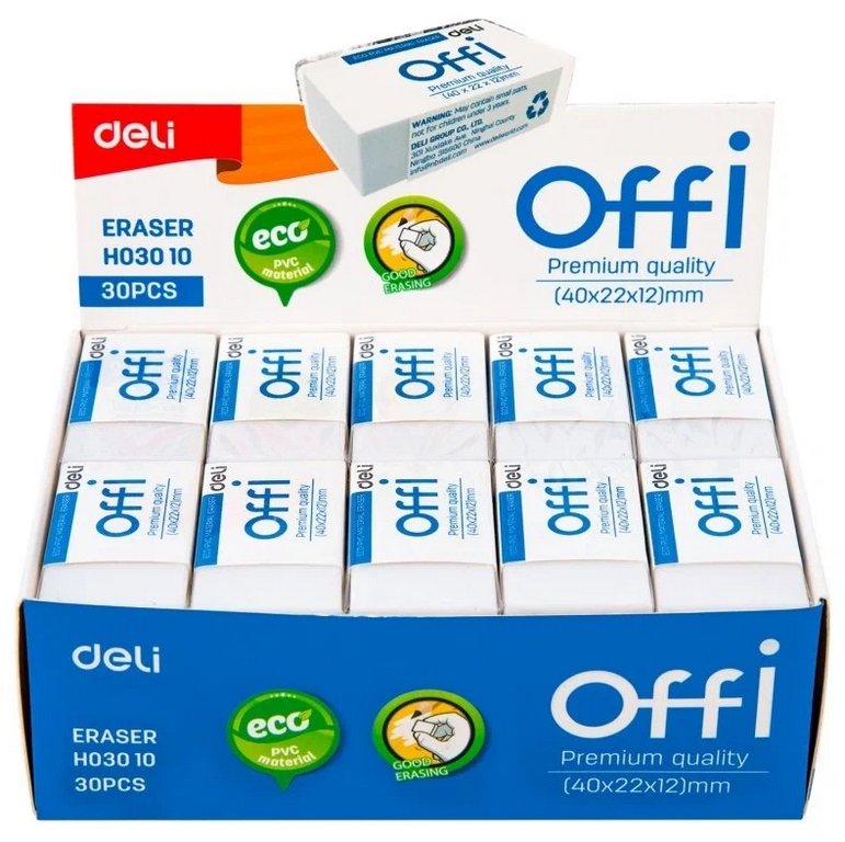 Ластик Deli Offi 40x22x12мм, в картонном футляре, белый