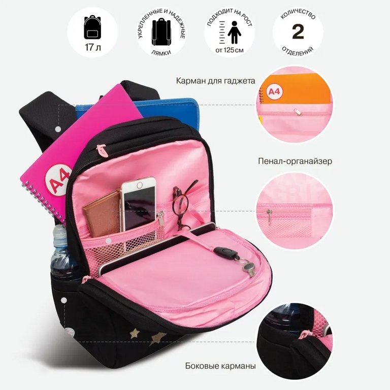 Рюкзак школьный для девочки Grizzly 26*39*17 см, черный