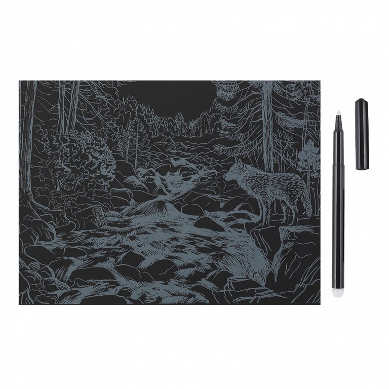 Гравюра А4 серебро "Волк у водопада" Lori