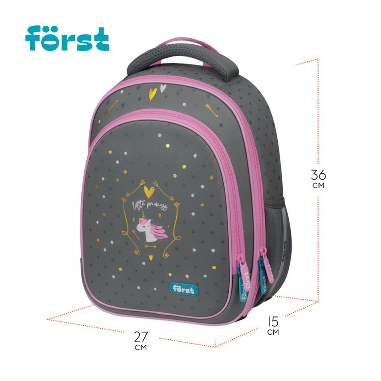 Рюкзак каркасный для девочки Forst F-Light "Little princess" 27*36*15 см серый/розовый