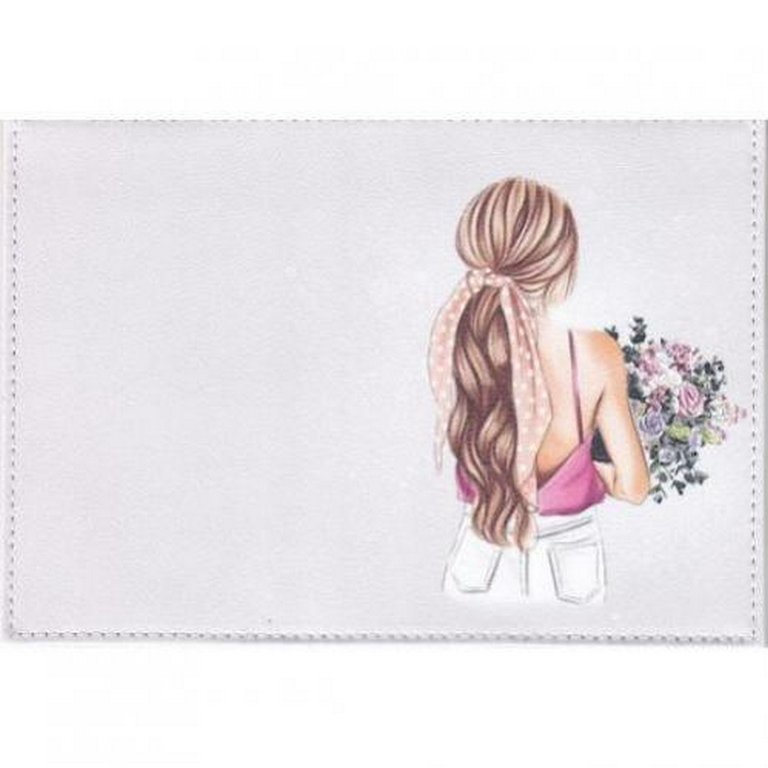 Обложка для паспорта, нат. кожа "Девушка с букетом" цветной рисунок по коже