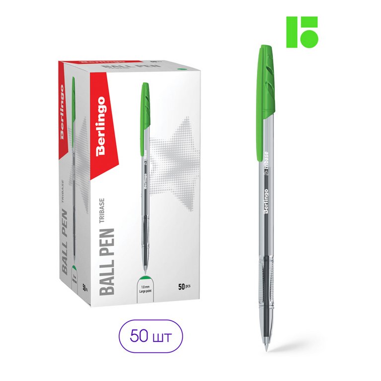 Ручка шариковая Berlingo "Tribase" 1 мм, зелёная (линия 0,8мм)