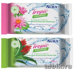 Салфетки влажные  60шт/уп Aura "Tropic Cocktail" с антибак. эффектом