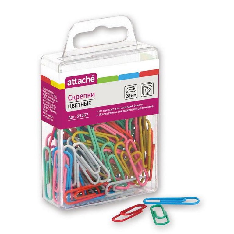 Скрепки 28 мм 100 шт/уп цветные Attache, в пластиковом боксе