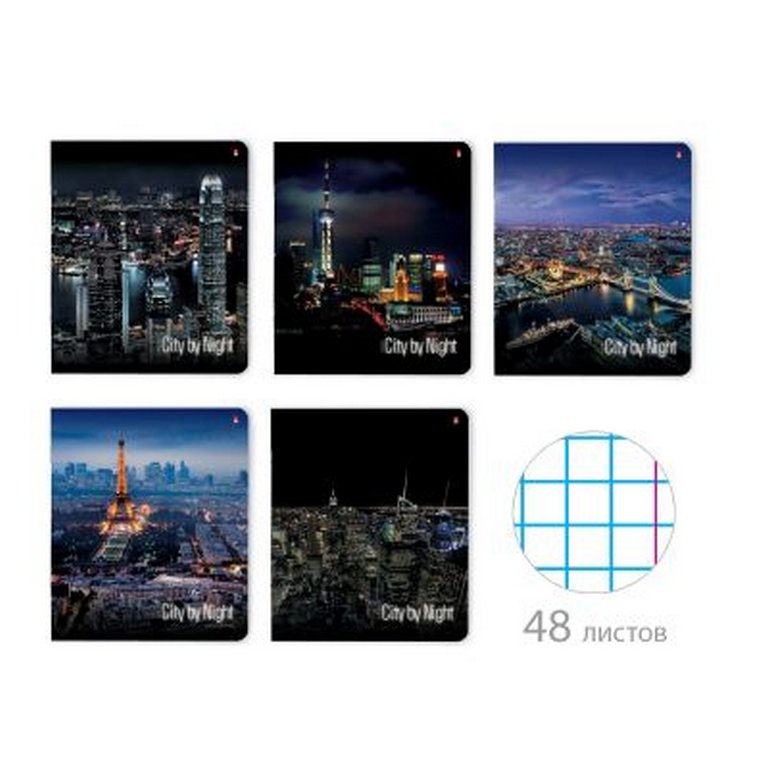 Тетрадь 48 лист кл. А5 на скрепке "НОЧНЫЕ ГОРОДА" 5 ВИДОВ