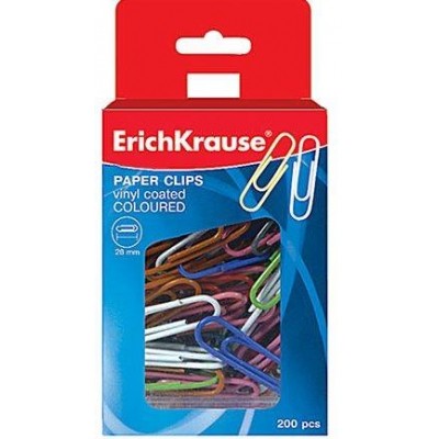 Скрепки 28 мм 200 шт/уп цветные Erich Krause, в пластиковом боксе