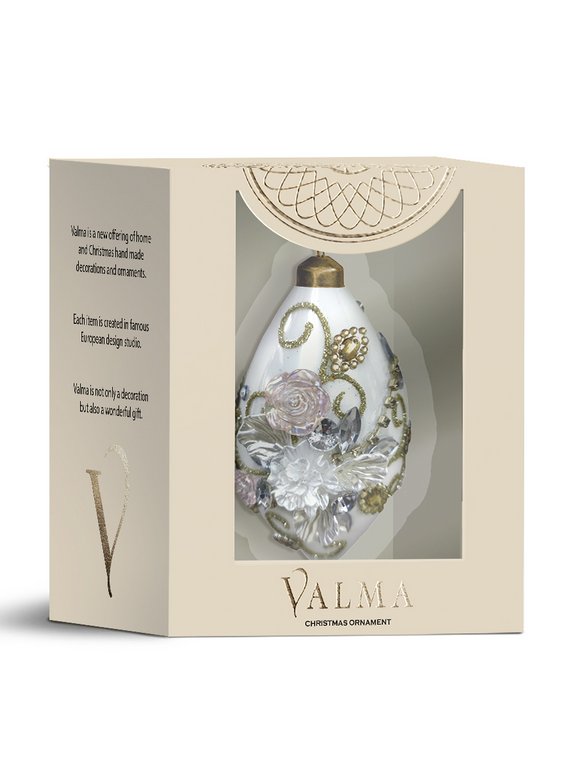 Елочный шар стеклянный  60*130мм (белый с рисунком) в картонной коробке