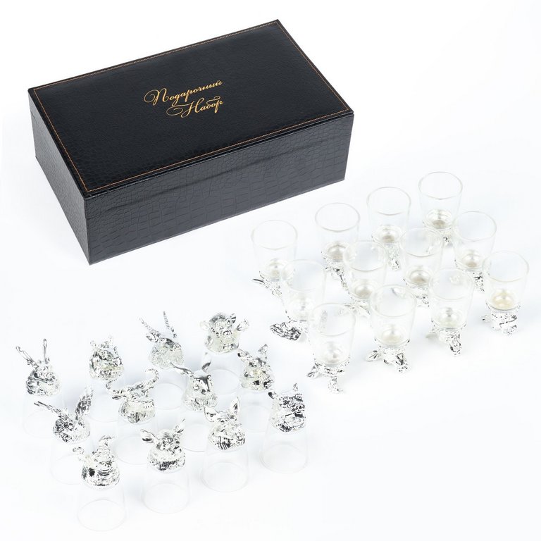 Набор подарочный рюмки-перевертыши 12 шт по 30 мл с графином 400 мл, серебро
