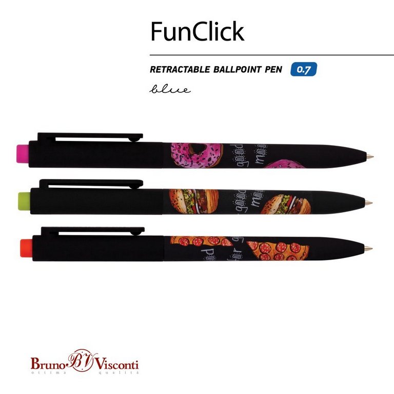Ручка шариковая авт. с рис. Bruno Visconti FunClick "Food in black"  0,7мм синяя (ст.116мм, лин.0,5)