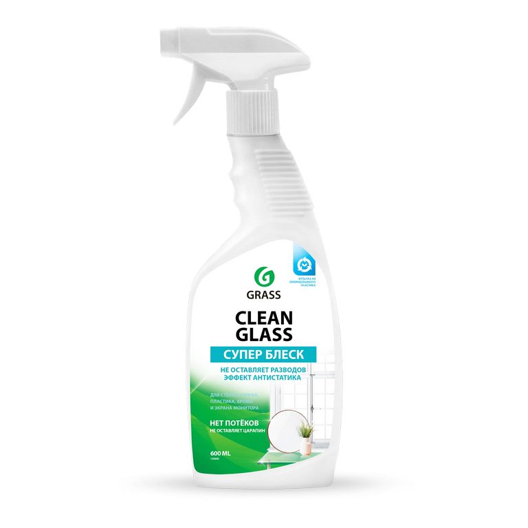 Средство для мытья стекол, зеркал, пласт., хром, экраны, Clean Glass, курок, 600 мл.(GRASS)