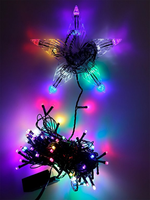 Гирлянда комнатная Нить  9м, 100 цветных ламп, 8 реж., темный провод 220Вт (со звездой) MILAND