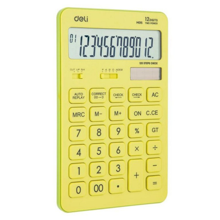 Калькулятор наст. Deli EM01551 (12 разр.) 2 питания, 175x108х15 мм, желтый