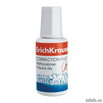 Коррект. жидкость Erich Krause Arctic white (20 мл) с кисточкой, быстросохнущая (мет.шарик)