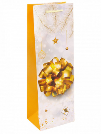 Пакет бумажный под бутылку НГ 12*35см "Золотой бант" с глиттером