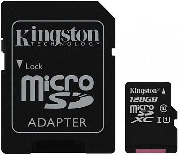 Карта памяти microSDXC, 128 GB, KINGSTON Canvas UHS-I U1, 100 Мб/сек (class 10)