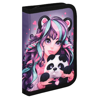 Пенал 1 отд. 1 откид. планка для девочки Феникс+ "Девушка с пандой" 13.3x20x3.5 см (ткань)