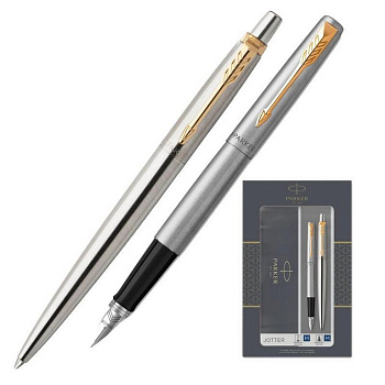 Набор подарочный Parker "Jotter Stainless Stee" (ручка шарик. 1мм и ручка перьев 1мм, корп. серебро)