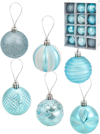 Набор шаров  цвет голубой 60 мм 12 шт "Метель" (ассорти)