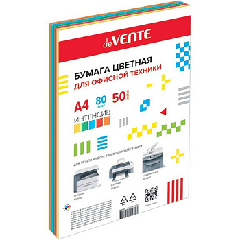 Бумага "deVente" 80г/м2 А4,  50 лист/уп, смесь интенсивных цветов (5 цветов)