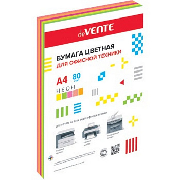 Бумага "deVente" 80г/м2 А4, 250 лист/уп, смесь неоновых цветов (5 цветов)