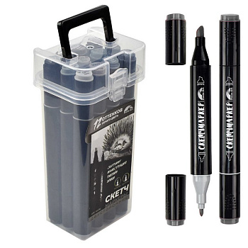 Маркер для скетчинга  12шт/уп Феникс+ ЕХИДНА двусторонние в пласт. пенале