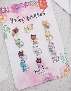 Брошь металл "Кошечка" со стразами, ассорти