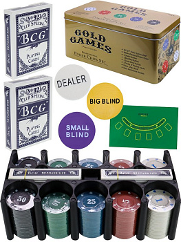 Набор для игры в покер в метал. коробке: 200 фишек +  2 колоды карт (картон), сукно