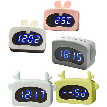 Часы-будильник электронные "Зверята" детские, светодиодный экран с отображением даты и температуры