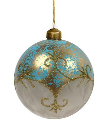 Елочный шар стеклянный  80мм (бело-бирюзовый с рисунком) в картонной коробке