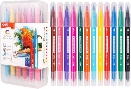 Набор фломастеров 12 цв. Deli "Color Emotion" двусторонние (кисть, игловидный), в пластиковом пенале