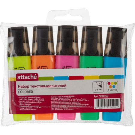 Набор текст-маркеров  5 шт Attache Colored 1-5 мм (желт, розов, зелен, оранж, голуб)