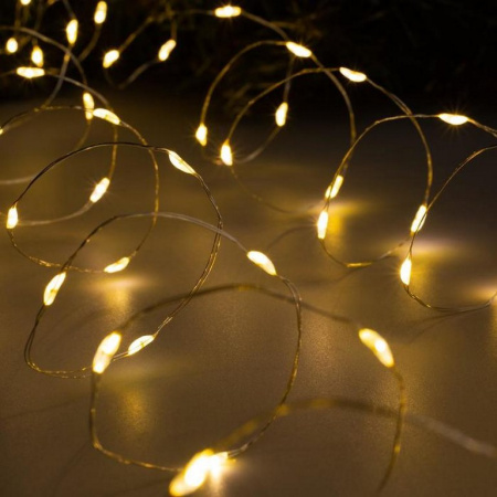 Гирлянда комнатная Нить  "Роса"  5м, 100 теплых ламп, 2 реж., на батарейках (от 0 до +35 °С)