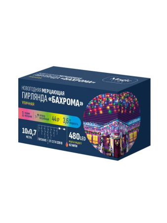 Гирлянда уличная Бахрома 10*0,7м, 480 цветных ламп, 1 реж. (мерц.), прозр.провод (5м), IP44