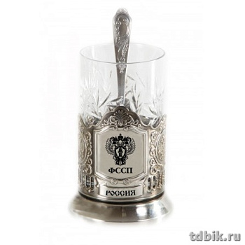 Подстаканник "ФССП" с хрустальным стаканом (латунь,никелированный,штамп,чернение) в картон. коробке
