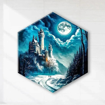 Роспись по номерам (холст) 37*32см Гексагон светящ. кр. "Замок в лунном свете" (осн.+акрил.кр+кисти)