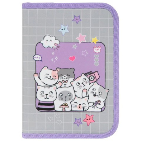 Пенал 1 отд. 2 откид. планки для девочки Пифагор "Cats selfie" 20*14 см полиэстер