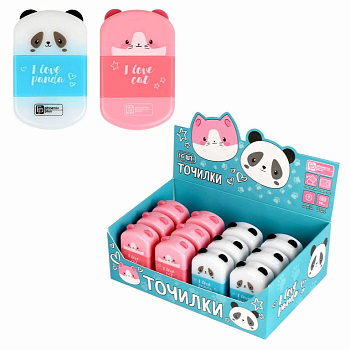 Точилка с контейнером Феникс+ "Кот и панда" с ластиком, ассорти