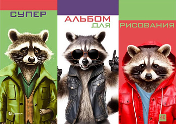 Альбом для рисования А4 40л. на клею "Еноты в куртках", Lamark