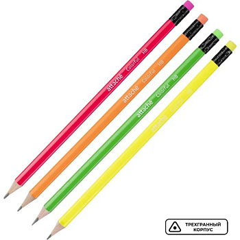 Карандаш ч/г HB трехгранный Attache "Colorful" с ластиком, цв. ассорти неон