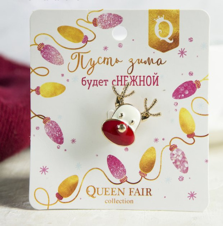 Значок металл "Новогодняя сказка" оленёнок, цвет красно-белый в золоте